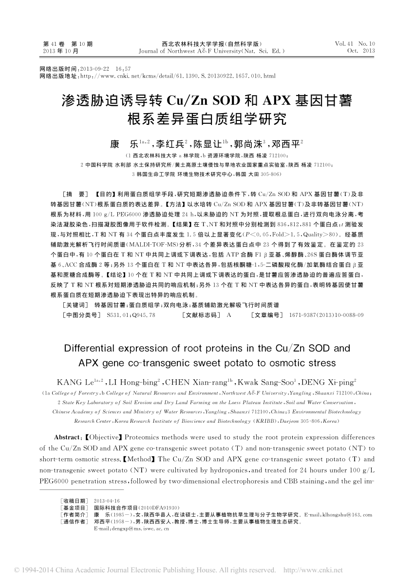 Pdf Differential Expression Of Root Proteins In The Cuzn Sod And Apx Gene Co Transgenic Sweet 9416