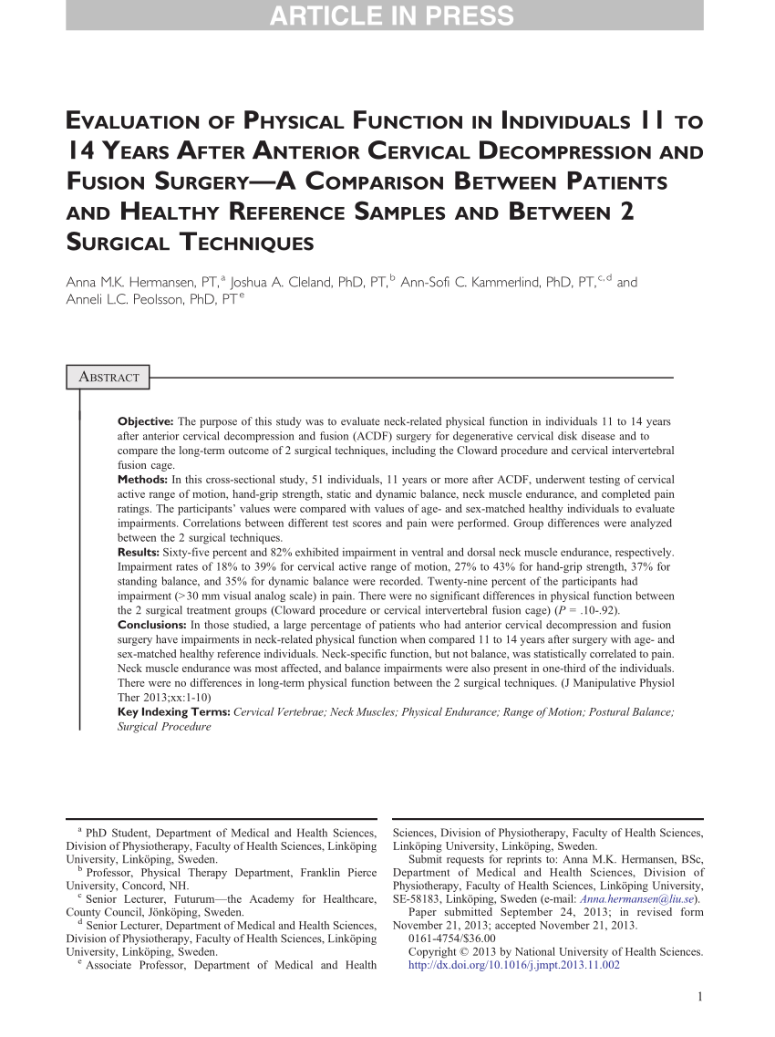 Pdf Evaluation Of Physical Function In Individuals 11 To 14 Years After Anterior Cervical 