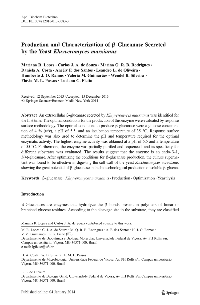 Pdf Production And Characterization Of B Glucanase Secreted By The Yeast Kluyveromyces Marxianus