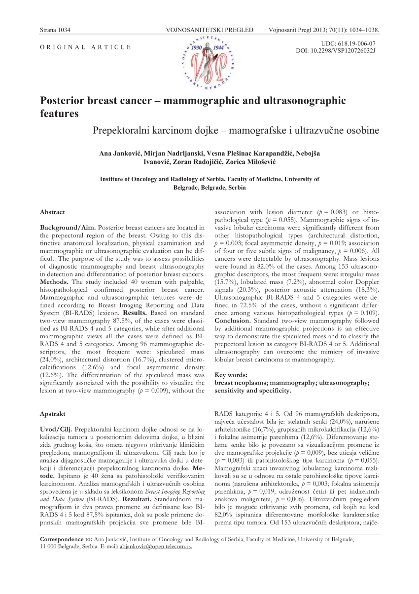 (PDF) Posterior breast cancer - Mammographic and ultrasonographic features