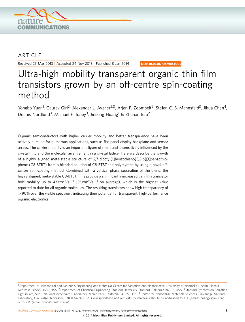 PDF) Ultra-High Mobility Transparent Organic Thin Film Transistors