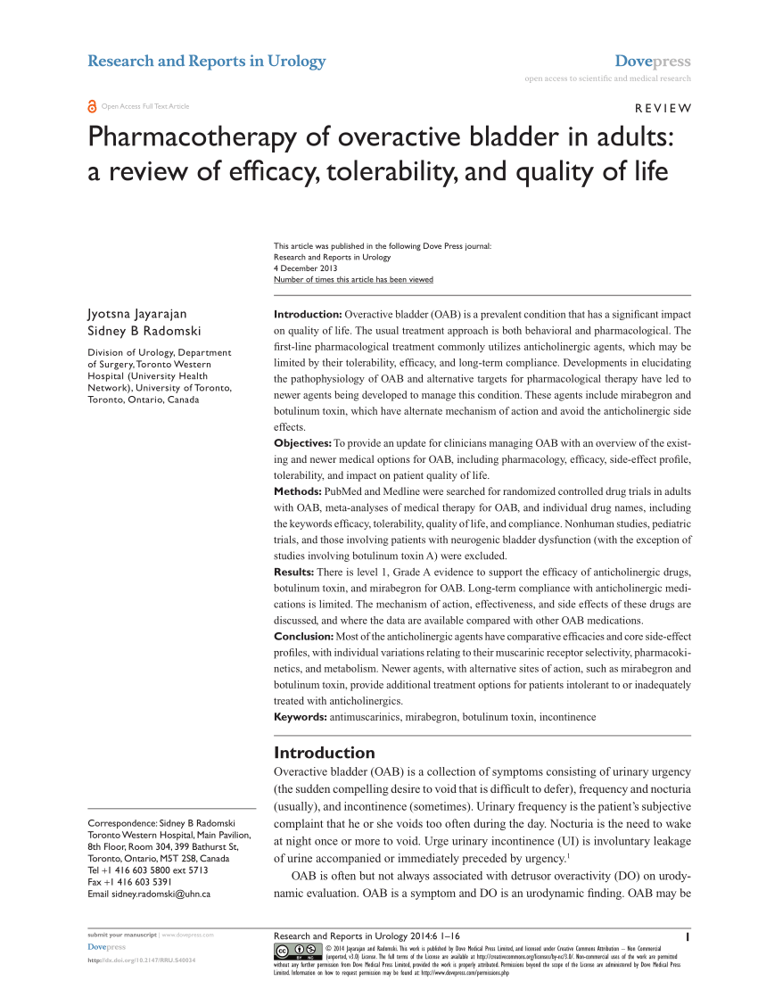 Pdf Pharmacotherapy Of Overactive Bladder In Adults A Review Of Efficacy Tolerability And Quality Of Life