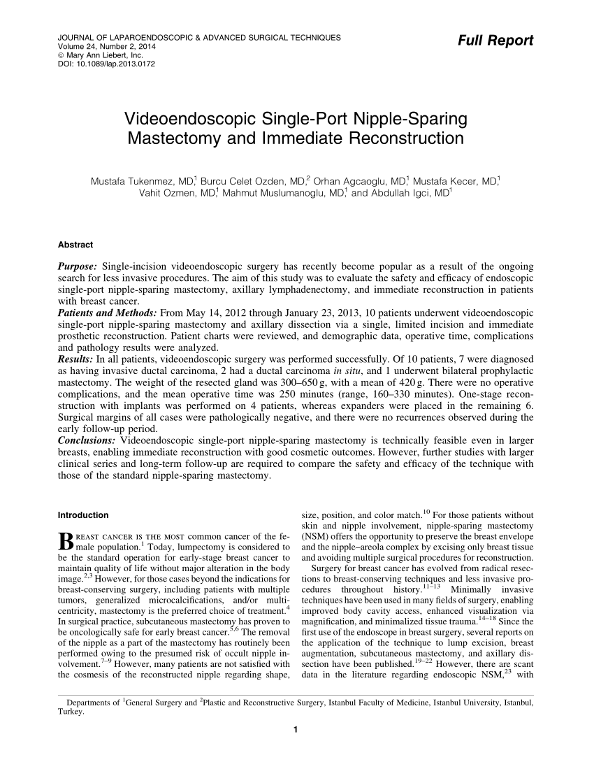 PDF) Videoendoscopic Single-Port Nipple-Sparing Mastectomy and Immediate  Reconstruction