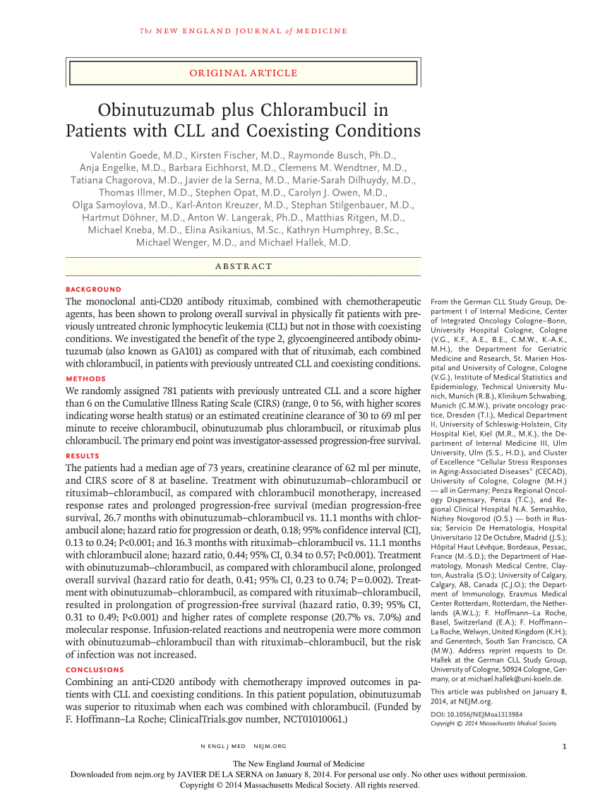 Pdf Obinutuzumab Plus Chlorambucil In Patients With Cll And Coexisting Conditions