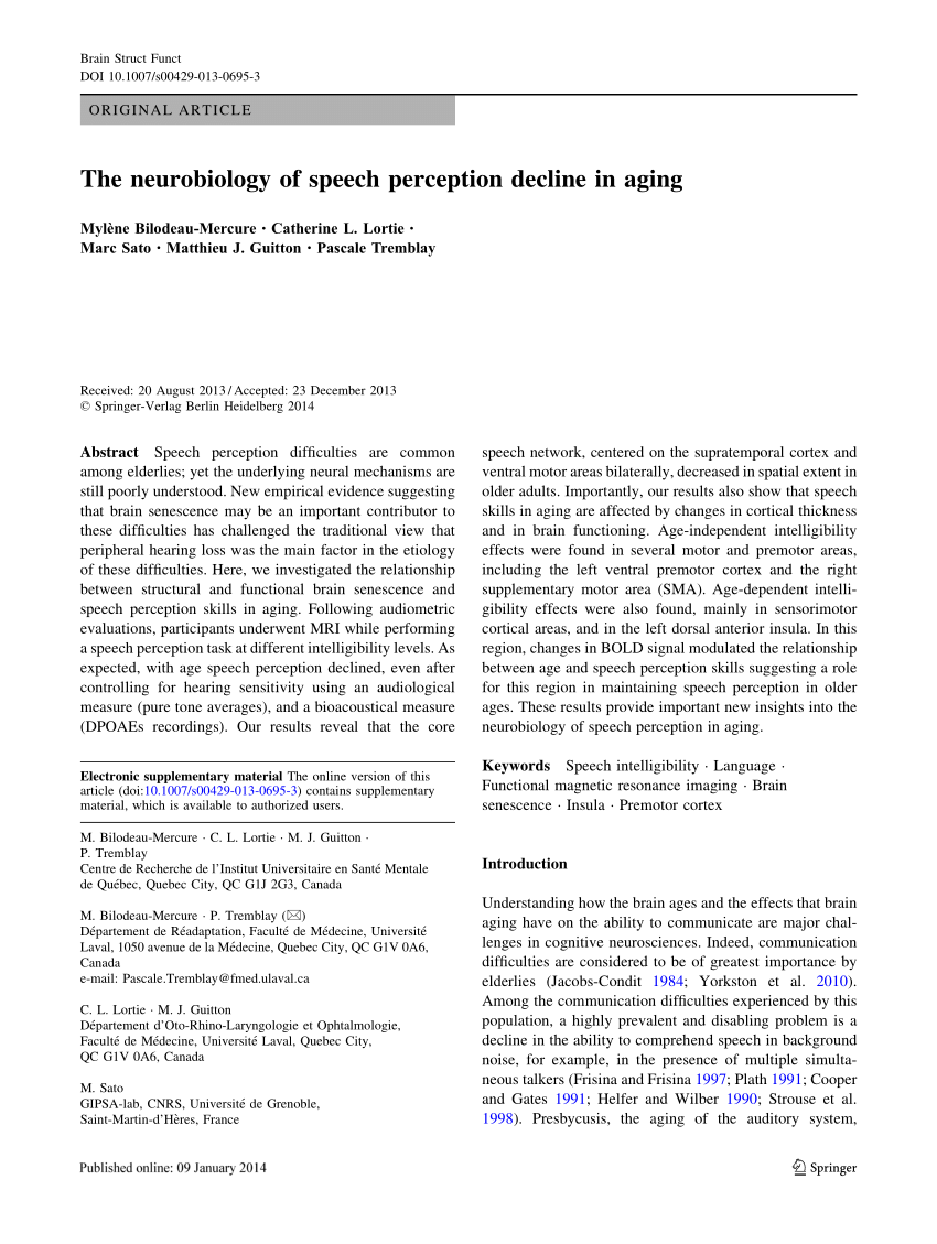 PDF) The neurobiology of speech perception decline in aging