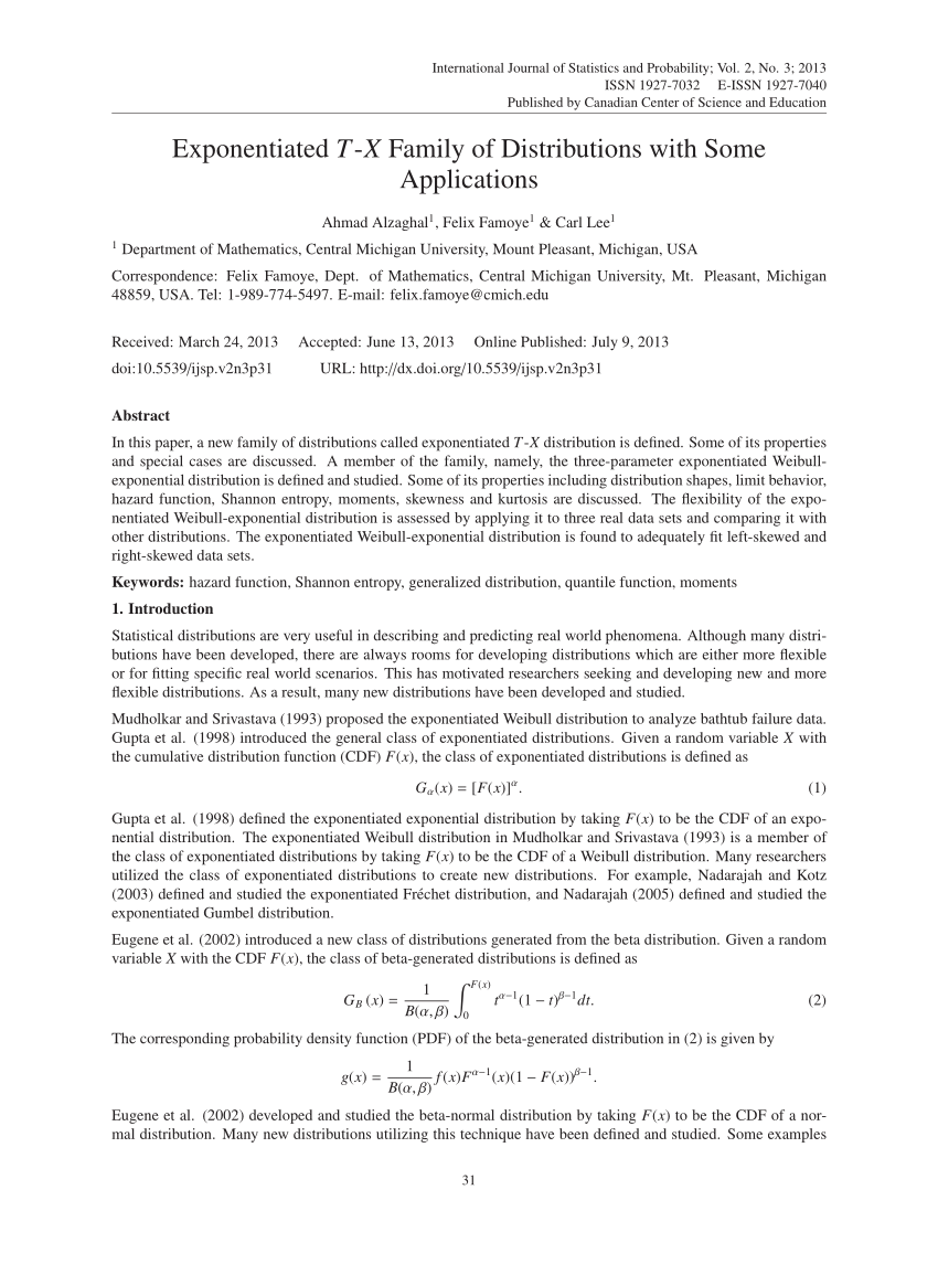 Pdf Exponentiated T X Family Of Distributions With Some Applications