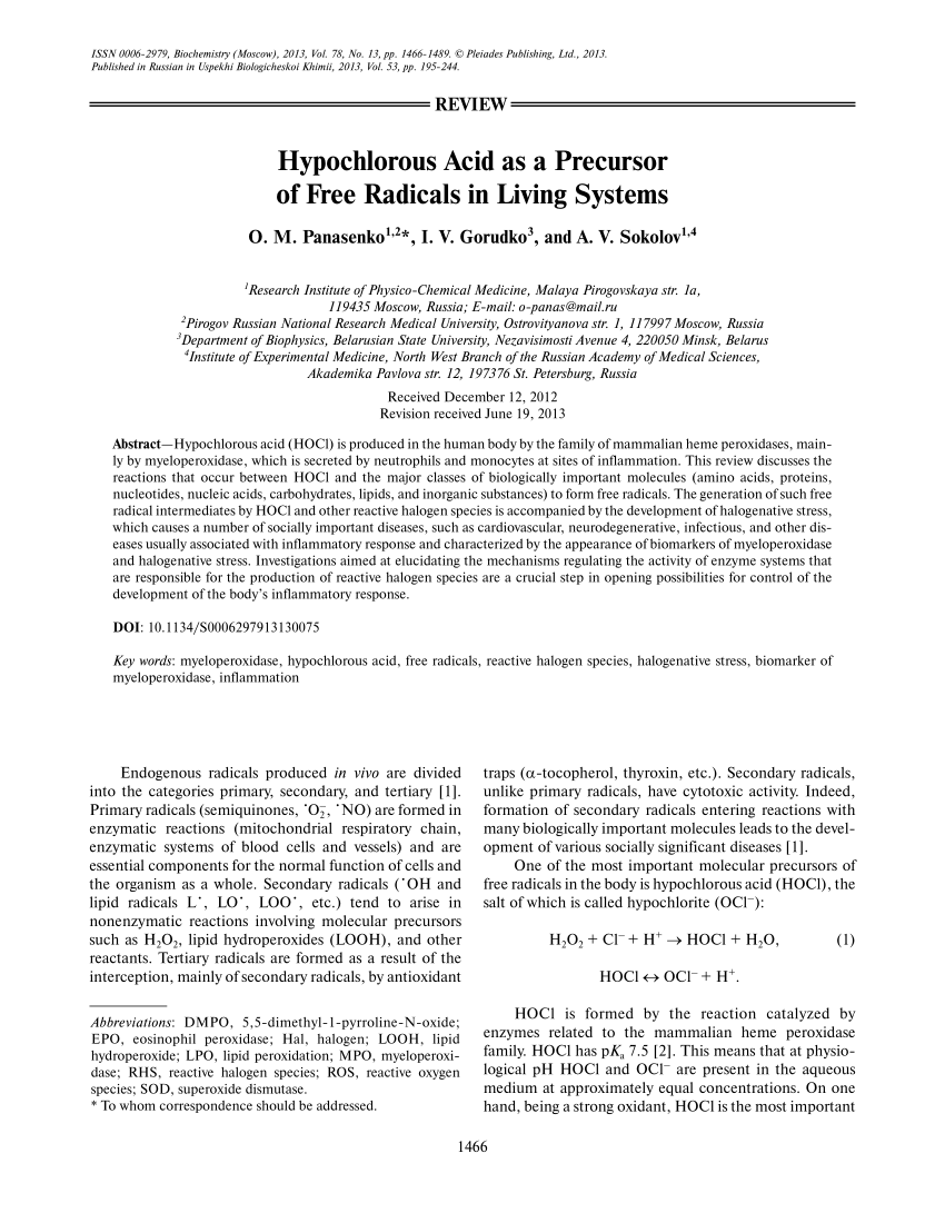 Pdf Hypochlorous Acid As A Precursor Of Free Radicals In Living Systems