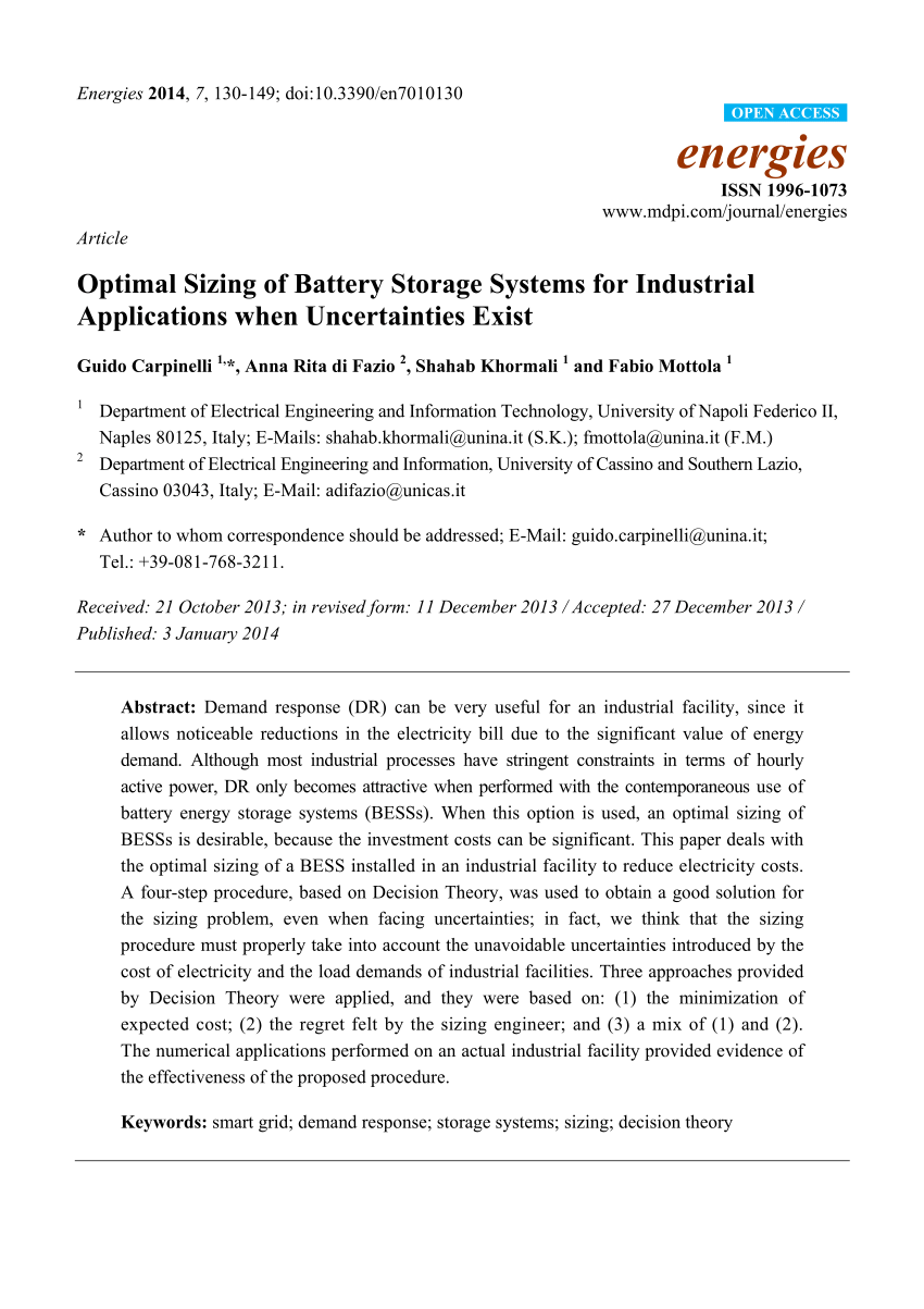 PDF) Optimal Sizing of Battery Storage Systems for Industrial Applications  when Uncertainties Exist