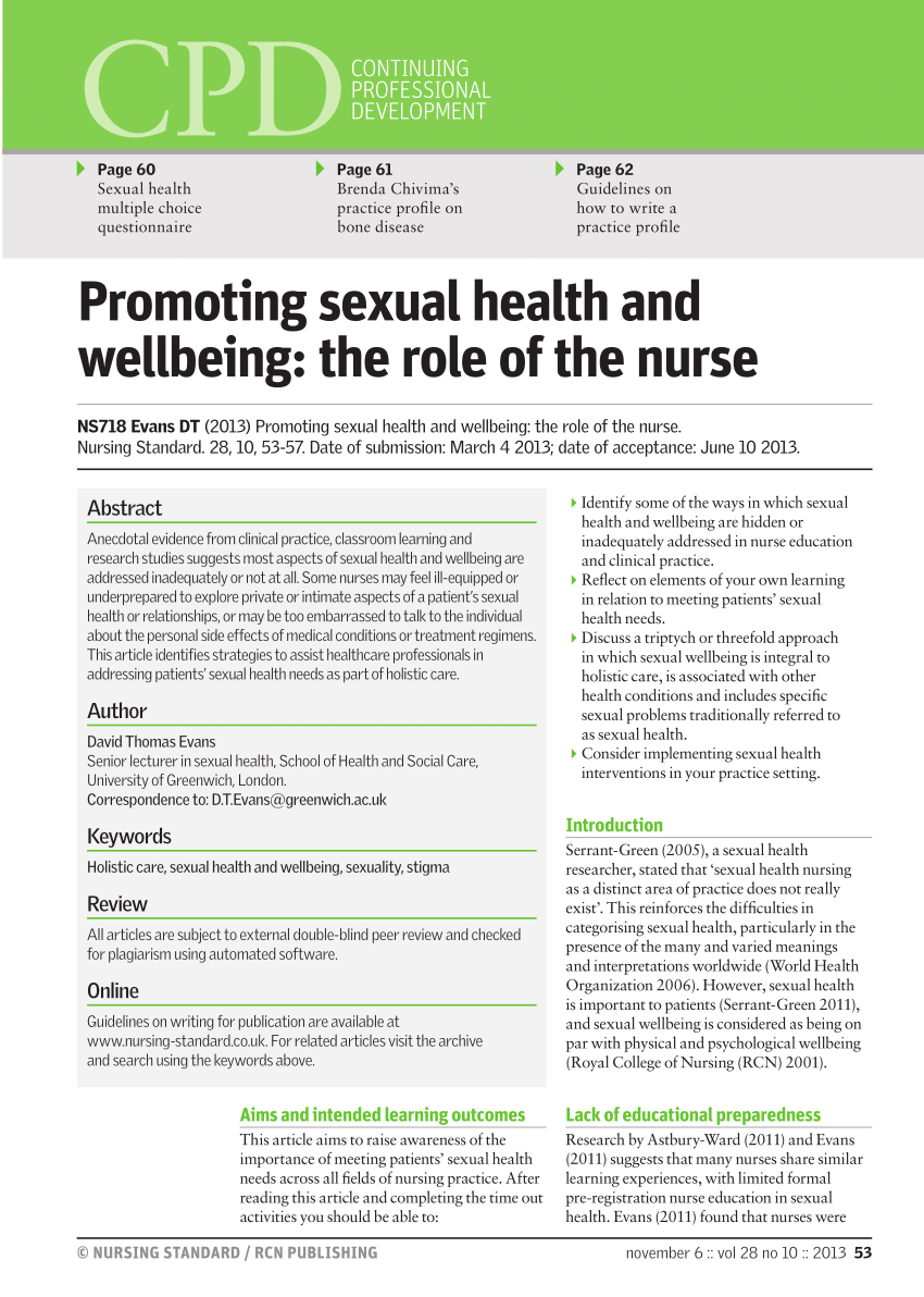 Pdf Promoting Sexual Health And Well Being The Role Of The Nurse