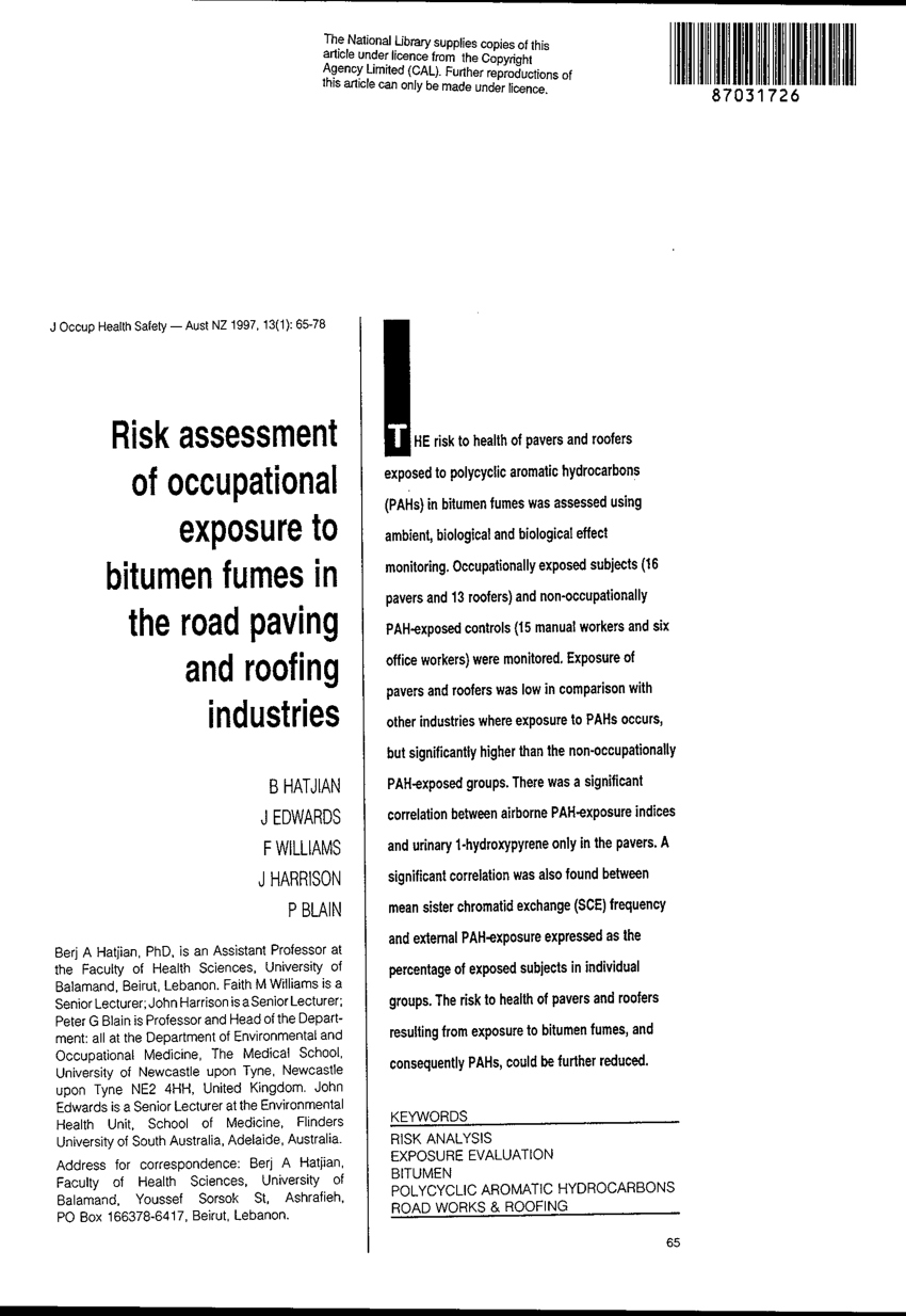 (PDF) Risk assessment of occupational exposure to bitumen fumes in the