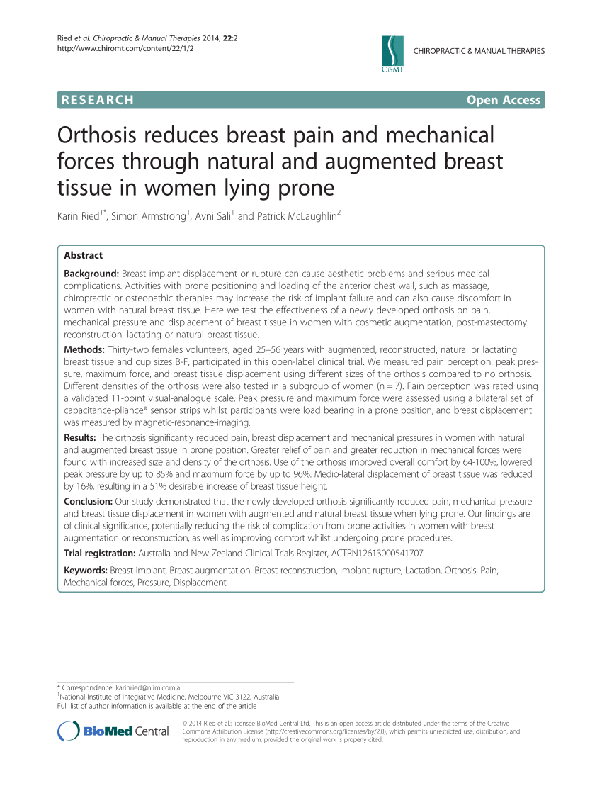 Orthosis reduces breast pain and mechanical forces through natural and  augmented breast tissue in women lying prone, Chiropractic & Manual  Therapies