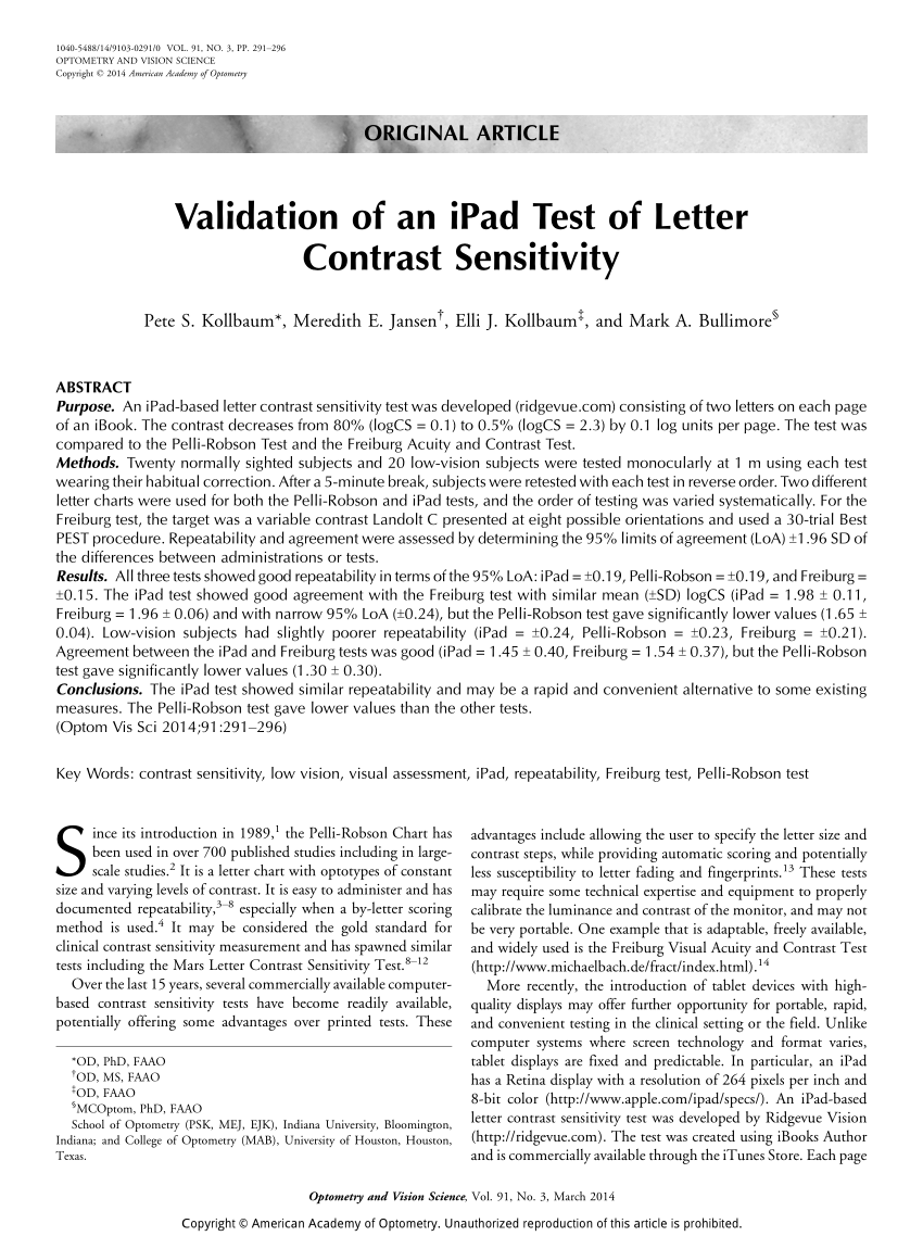 PDF Validation of an iPad Test of Letter Contrast Sensitivity