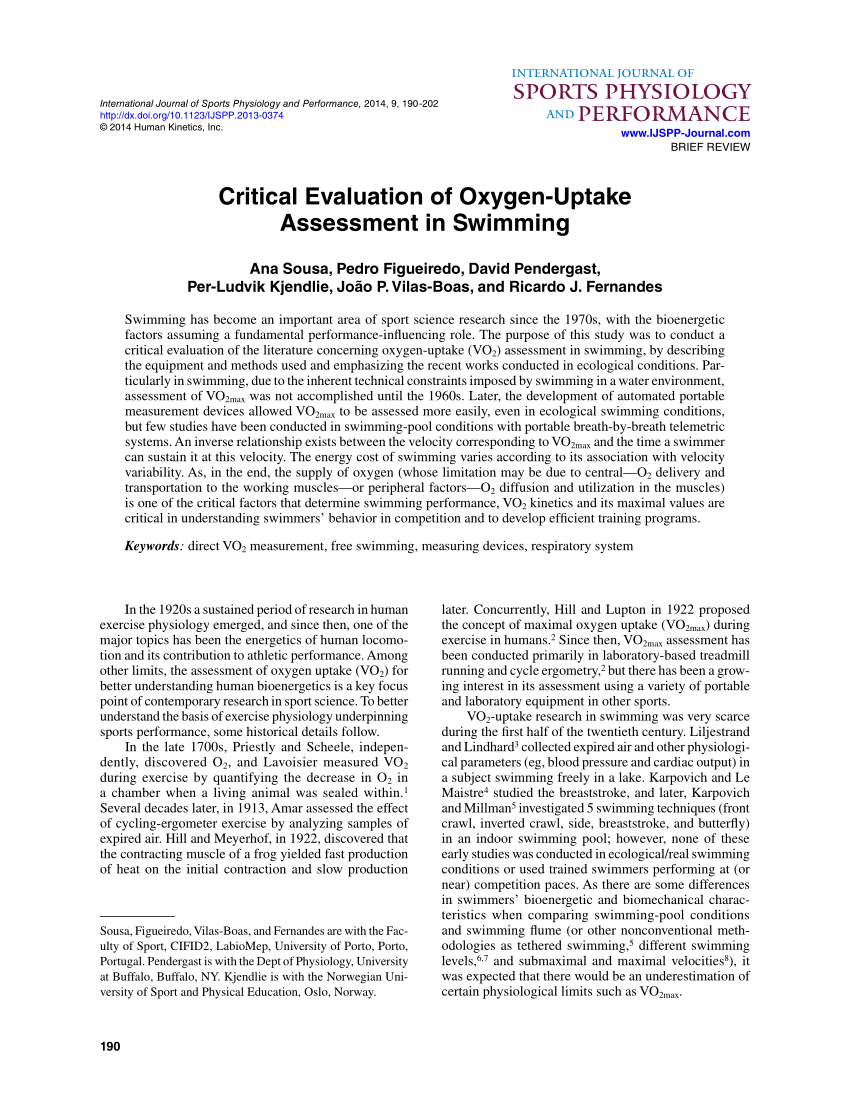 Pdf Critical Evaluation Of Oxygen Uptake Assessment In Swimming