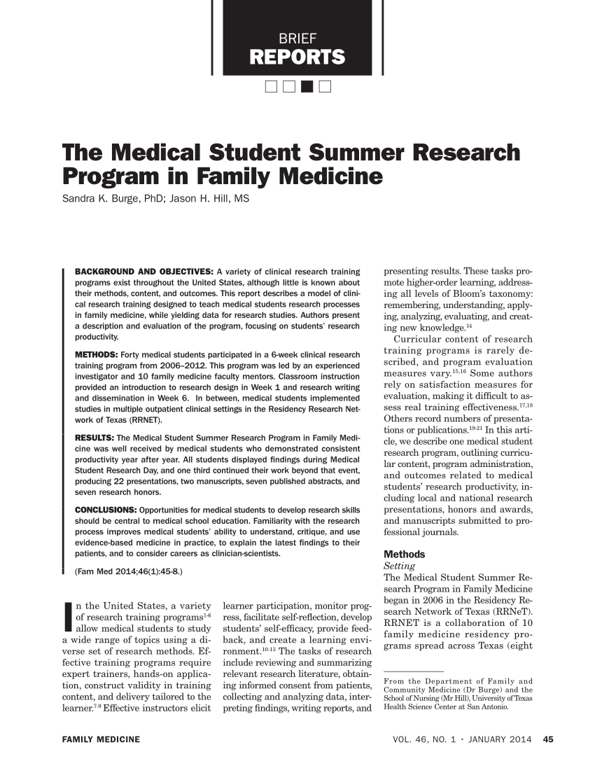 Pdf The Medical Student Summer Research Program In Family Medicine