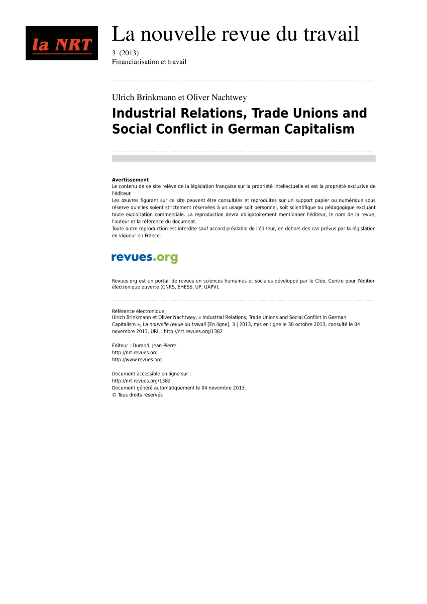 Pdf Industrial Relations Trade Unions And Social Conflict In German Capitalism