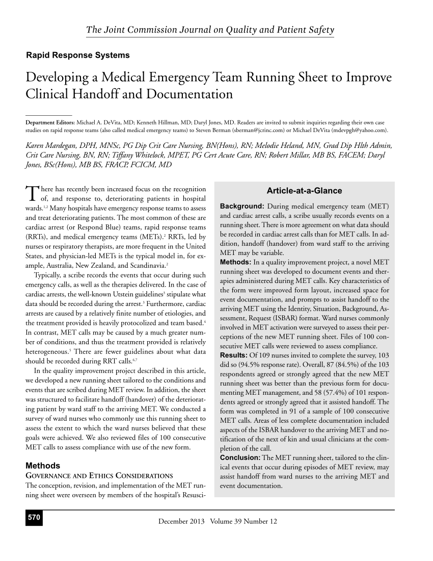 Pdf Developing A Medical Emergency Team Running Sheet To