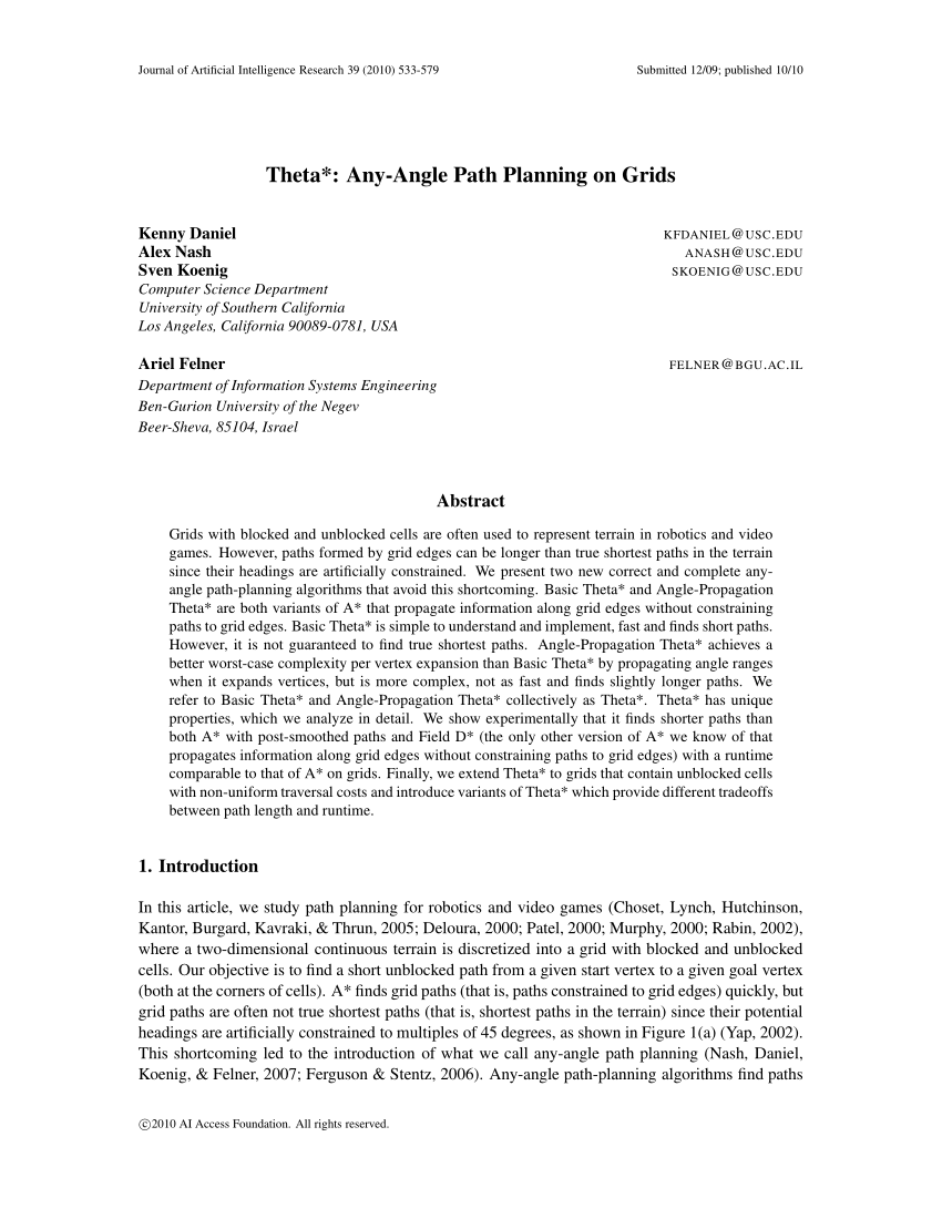 Pdf Theta Any Angle Path Planning On Grids