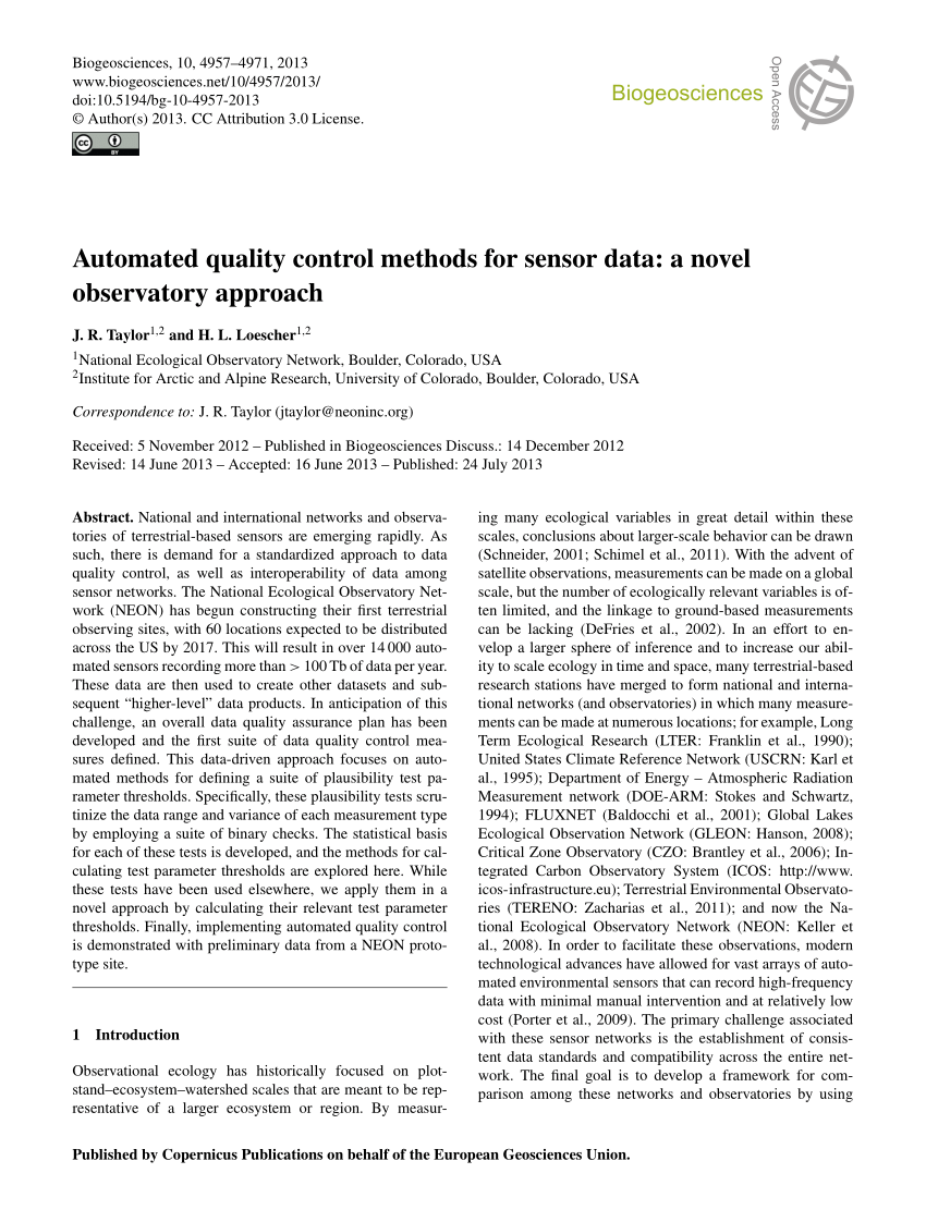 Pdf Automated Quality Control Methods For Sensor Data A Novel Observatory Approach