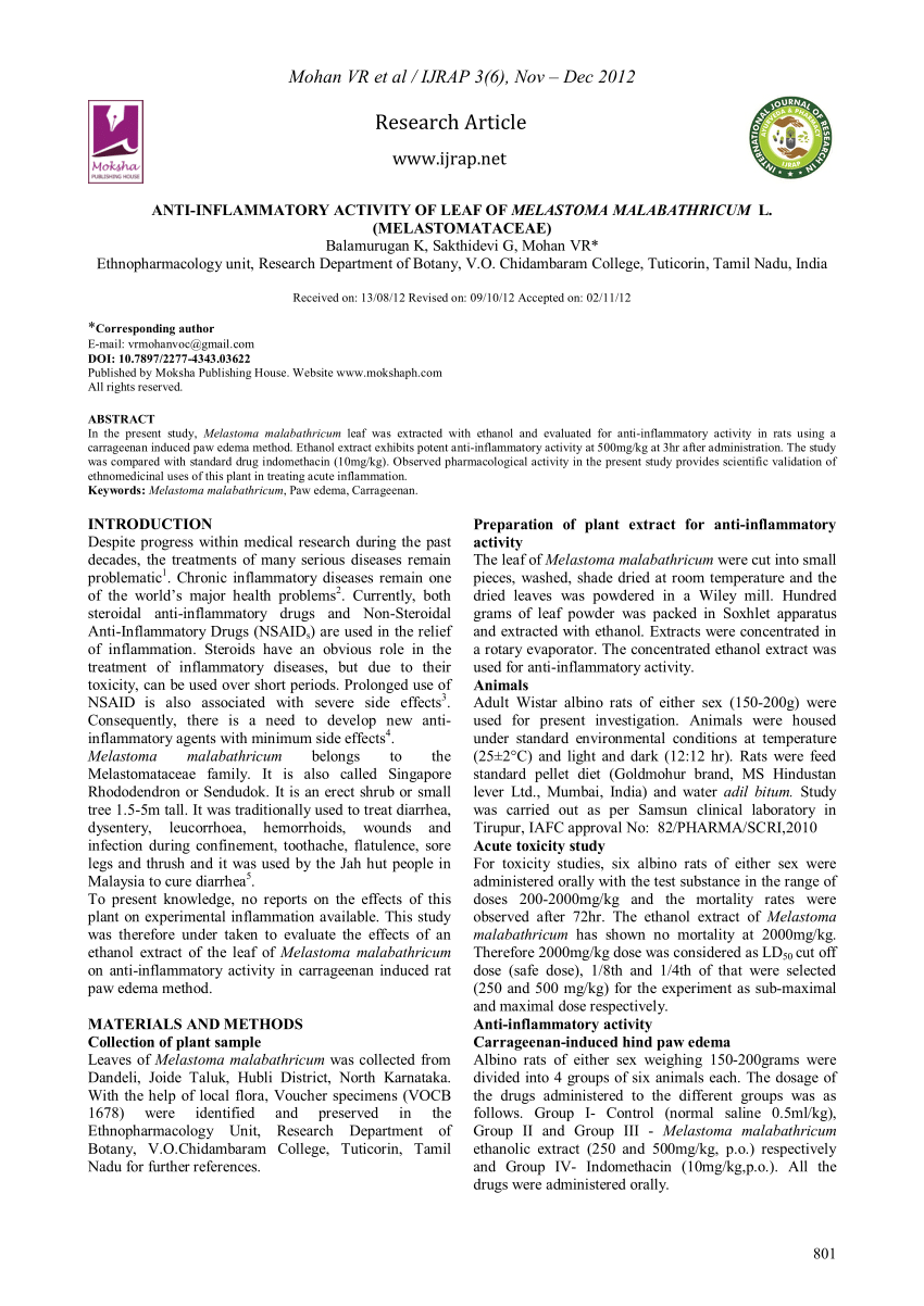 PDF) ANTI-INFLAMMATORY ACTIVITY OF LEAF OF MELASTOMA MALABATHRICUM