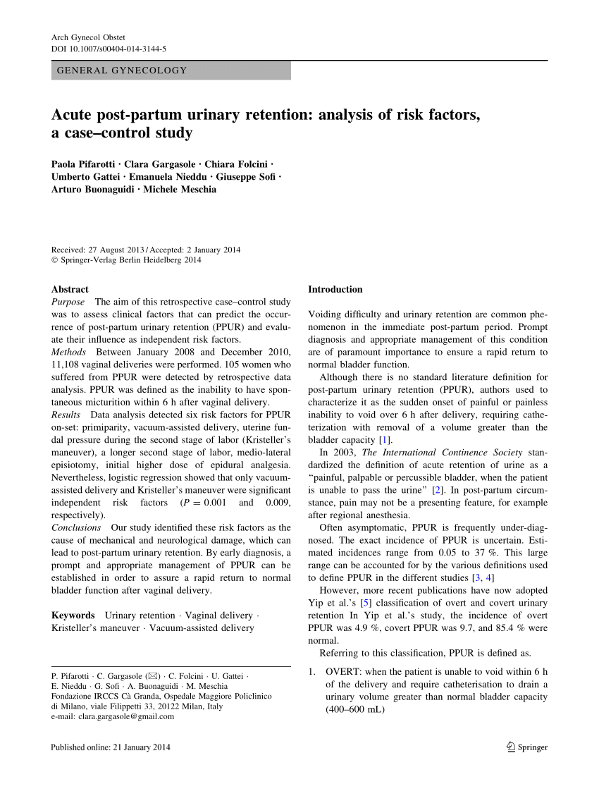 PDF) Acute post-partum urinary retention: Analysis of risk factors, a  case-control study
