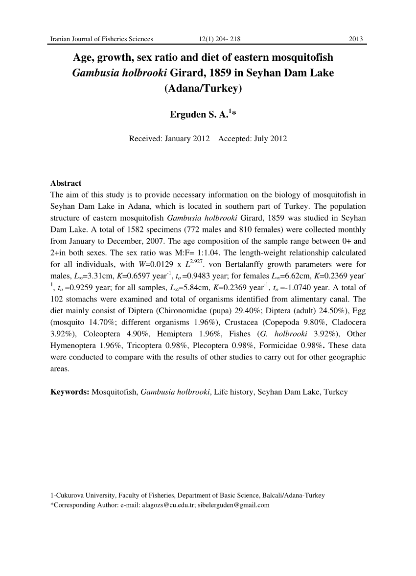 PDF Age growth sex ratio and diet of eastern mosquitofish  