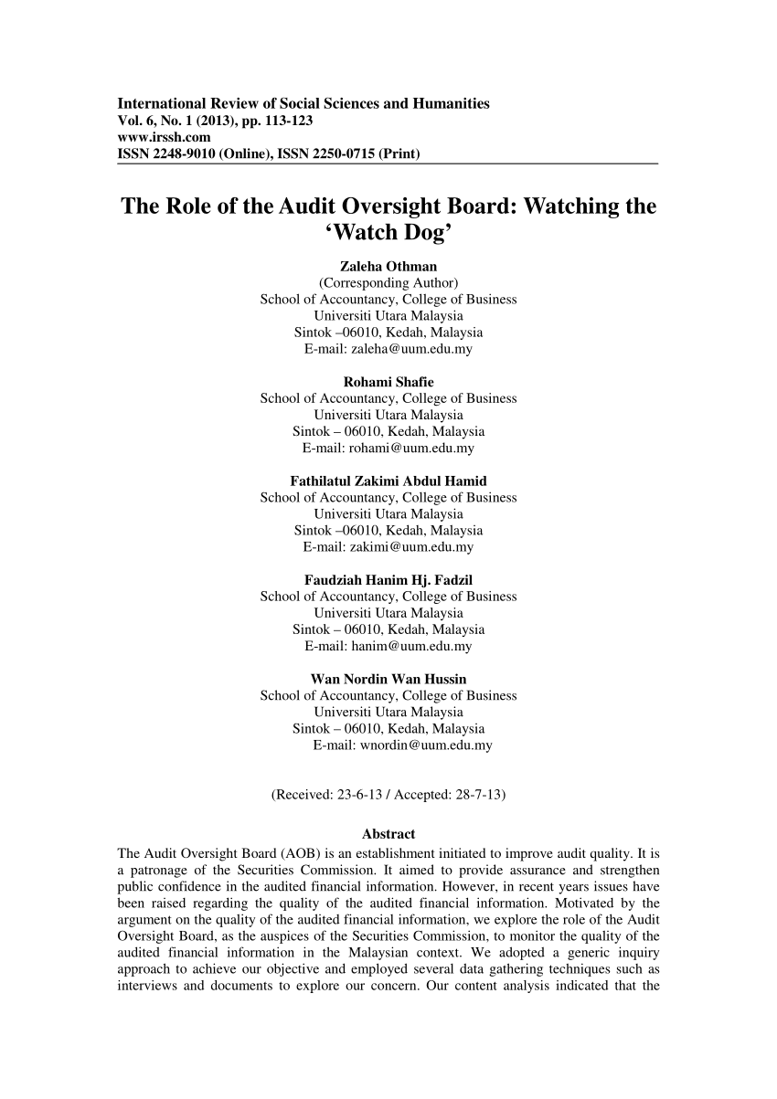 Pdf The Role Of The Audit Oversight Board Watching The Watch Dog