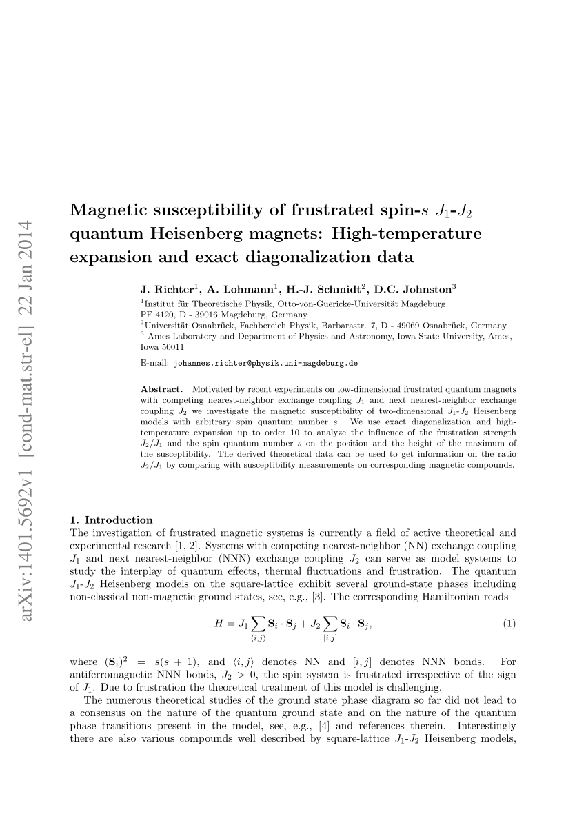 Pdf Magnetic Susceptibility Of Frustrated Spin S J1 J2 Quantum Heisenberg Magnets High Temperature Expansion And Exact Diagonalization Data
