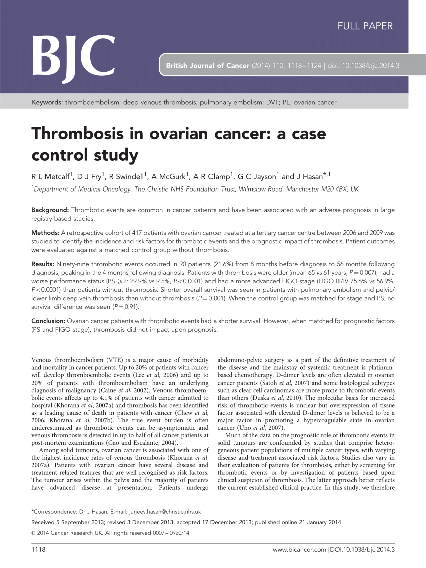 (PDF) Thrombosis in ovarian cancer A case control study