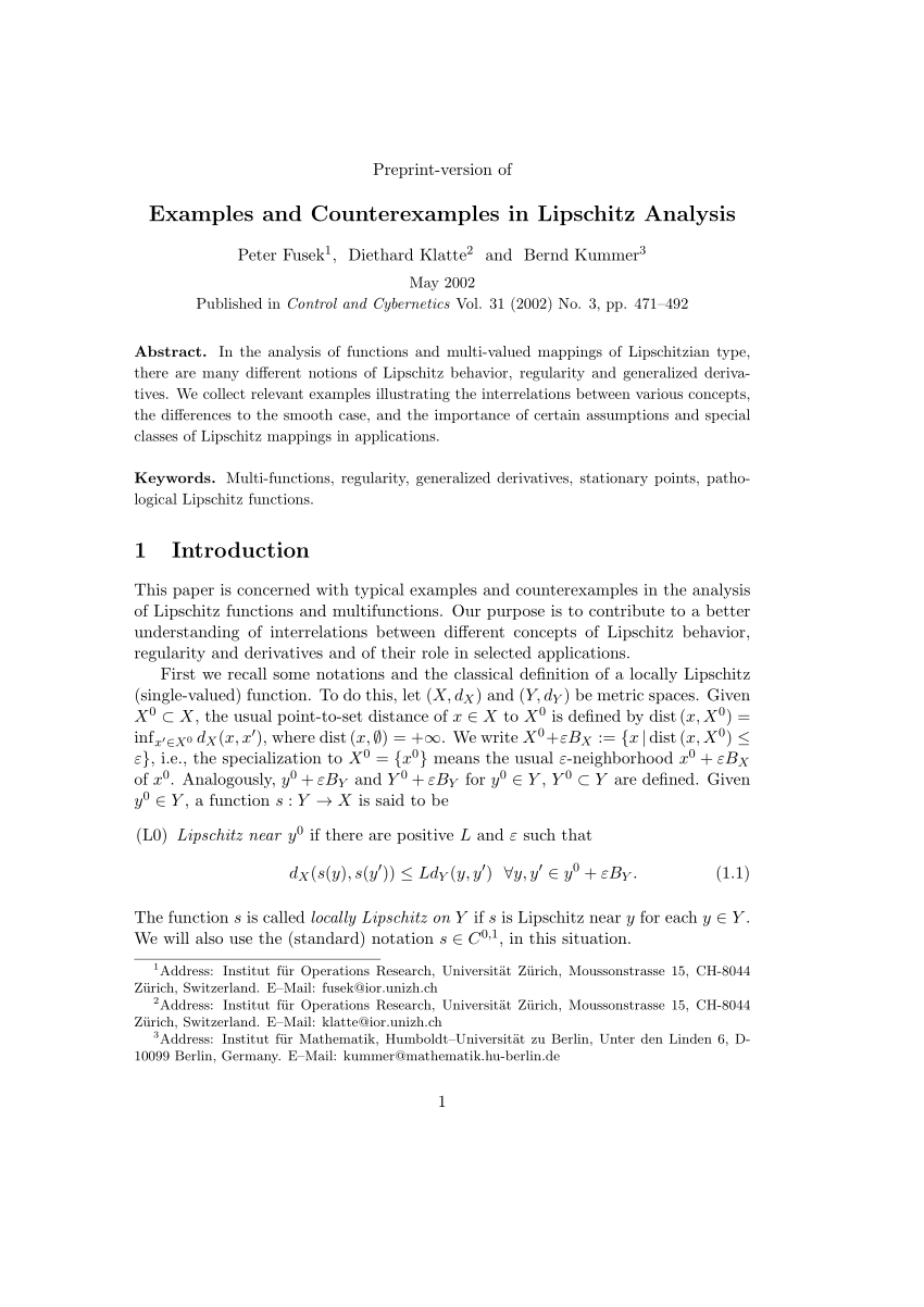 Pdf Examples And Counterexamples In Lipschitz Analysis