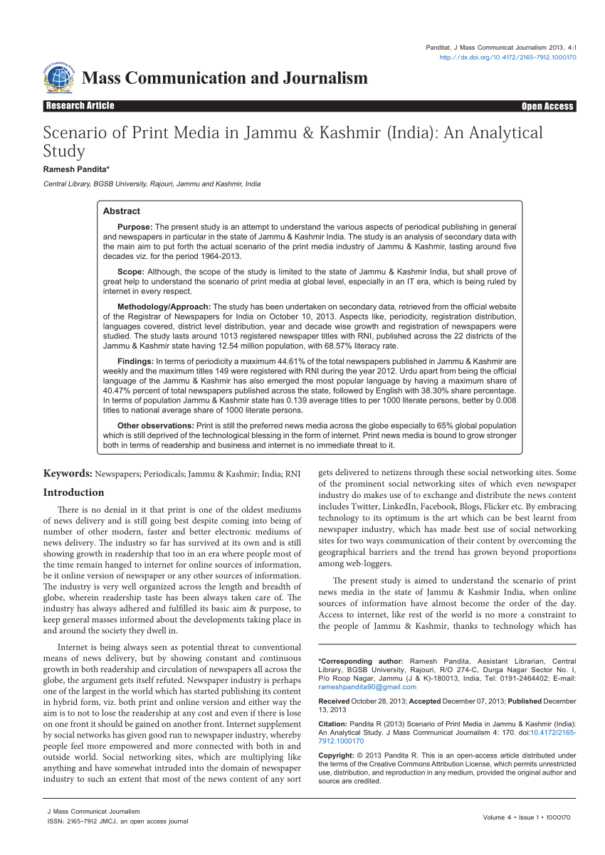 Pdf Scenario Of Print Media In Jammu Kashmir India An Analytical Study