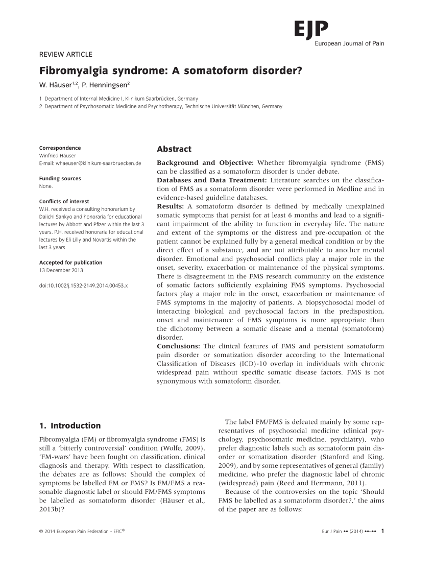 Pdf Fibromyalgia Syndrome A Somatoform Disorder