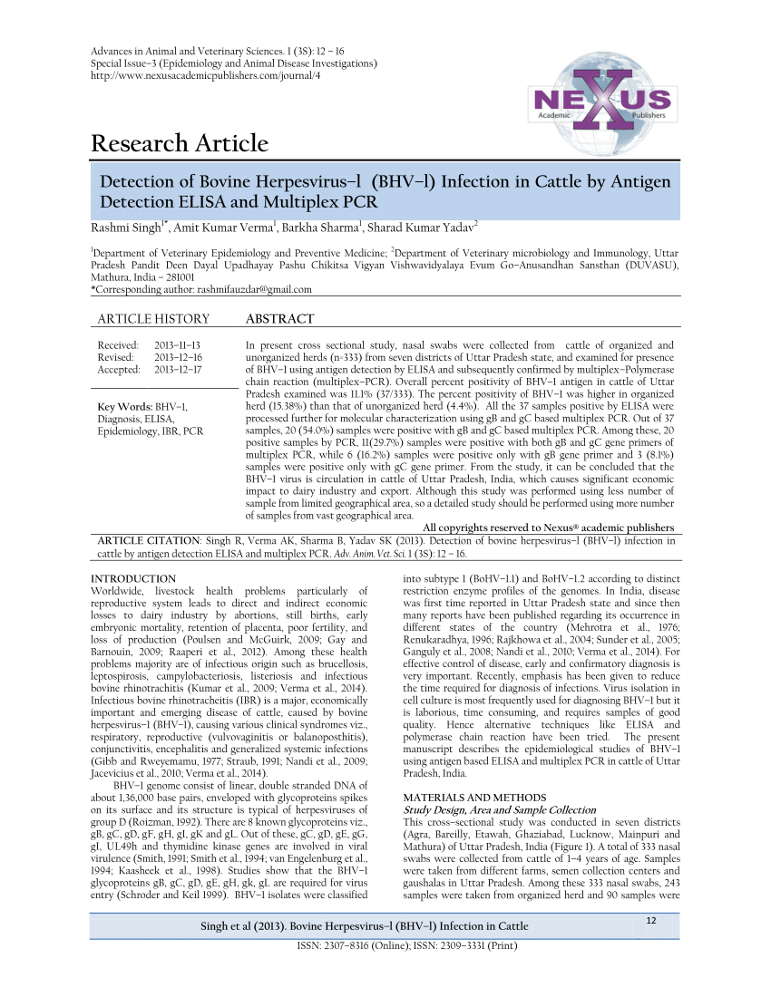 PDF) Detection of bovine herpesvirus–l (BHV–l) infection in cattle by  antigen detection ELISA and multiplex PCR