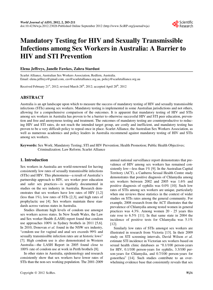 Pdf Mandatory Testing For Hiv And Sexually Transmissible Infections Among Sex Workers In 0996