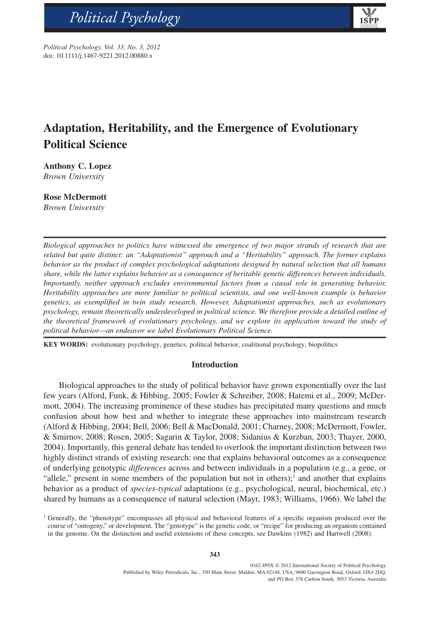 Pdf Adaptation Heritability And The Emergence Of Evolutionary Political Science