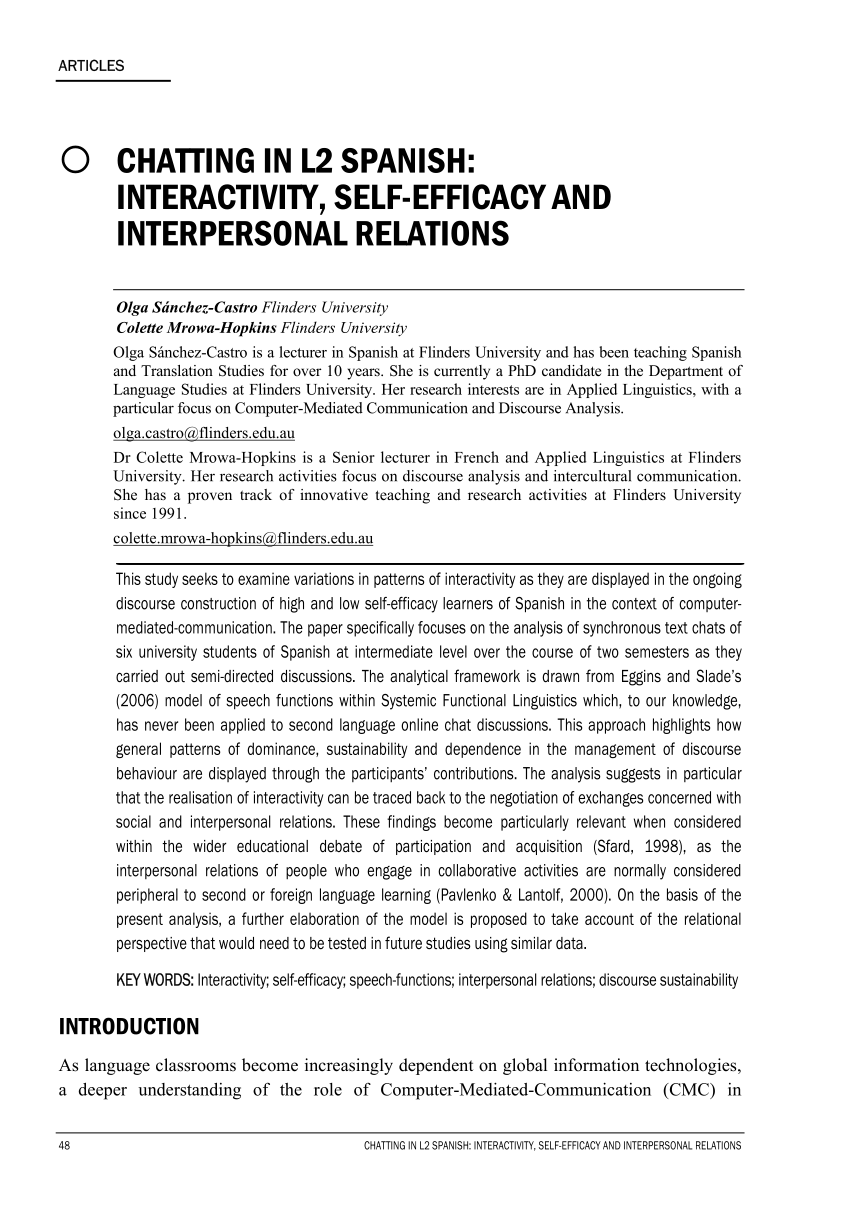 Pdf Chatting In L2 Spanish Interactivity Self Efficacy And Interpersonal Relations