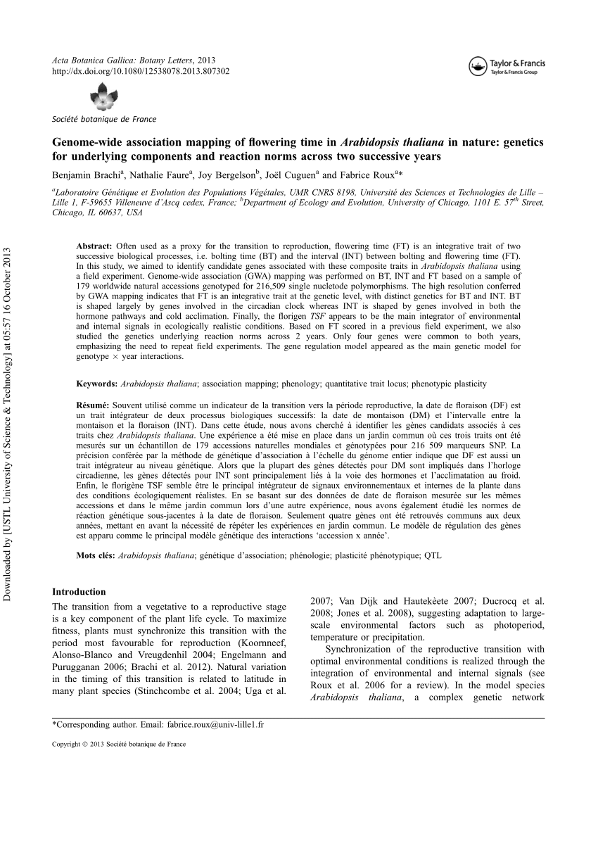 Pdf Genome Wide Association Mapping Of Flowering Time In Arabidopsis Thaliana In Nature Genetics For Underlying Components And Reaction Norms Across Two Successive Years