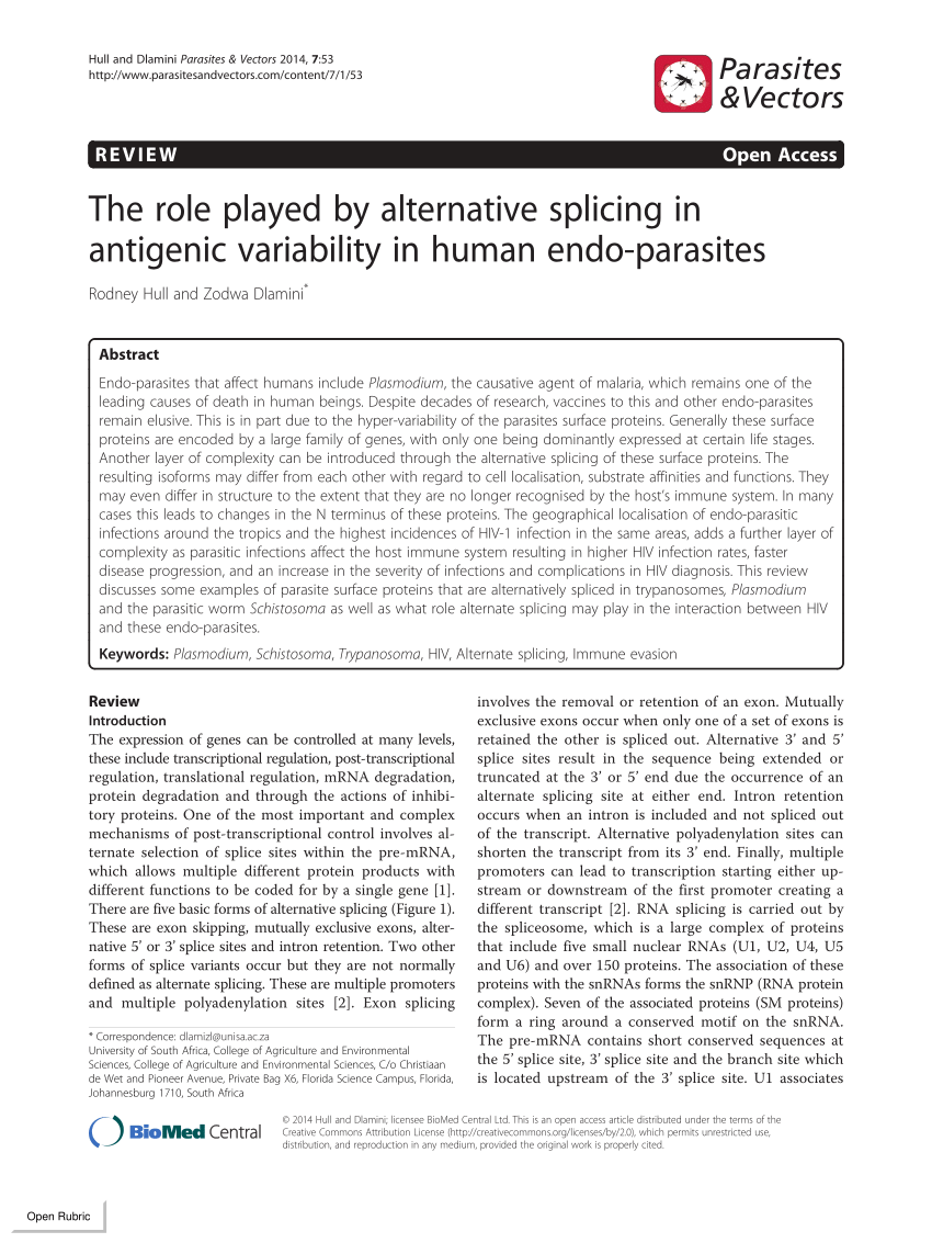 The role played by alternative splicing in antigenic variability in human  endo-parasites, Parasites & Vectors