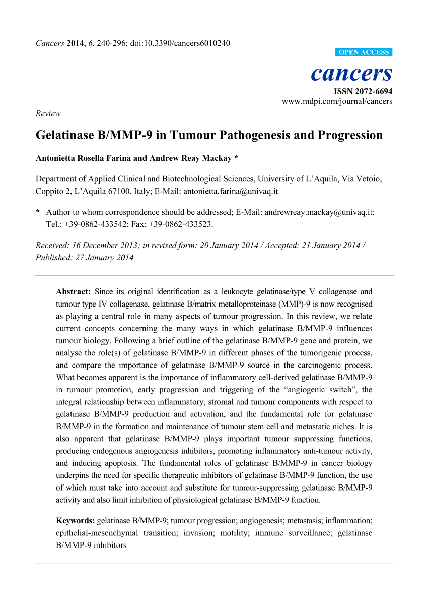 PDF) Gelatinase B/MMP-9 in Tumour Pathogenesis and Progression