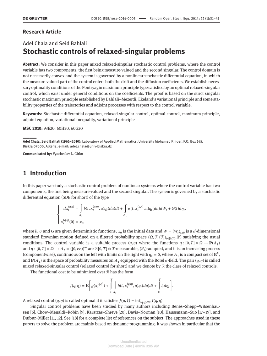 Pdf Stochastic Controls Of Relaxed Singular Problems