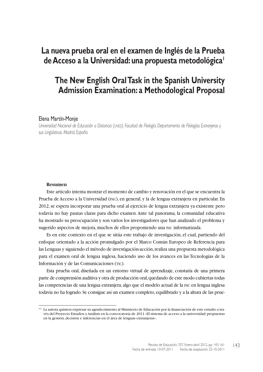 Pdf La Nueva Prueba Oral En El Examen De Ingles De La Prueba De Acceso A La Universidad Una Propuesta Metodologica