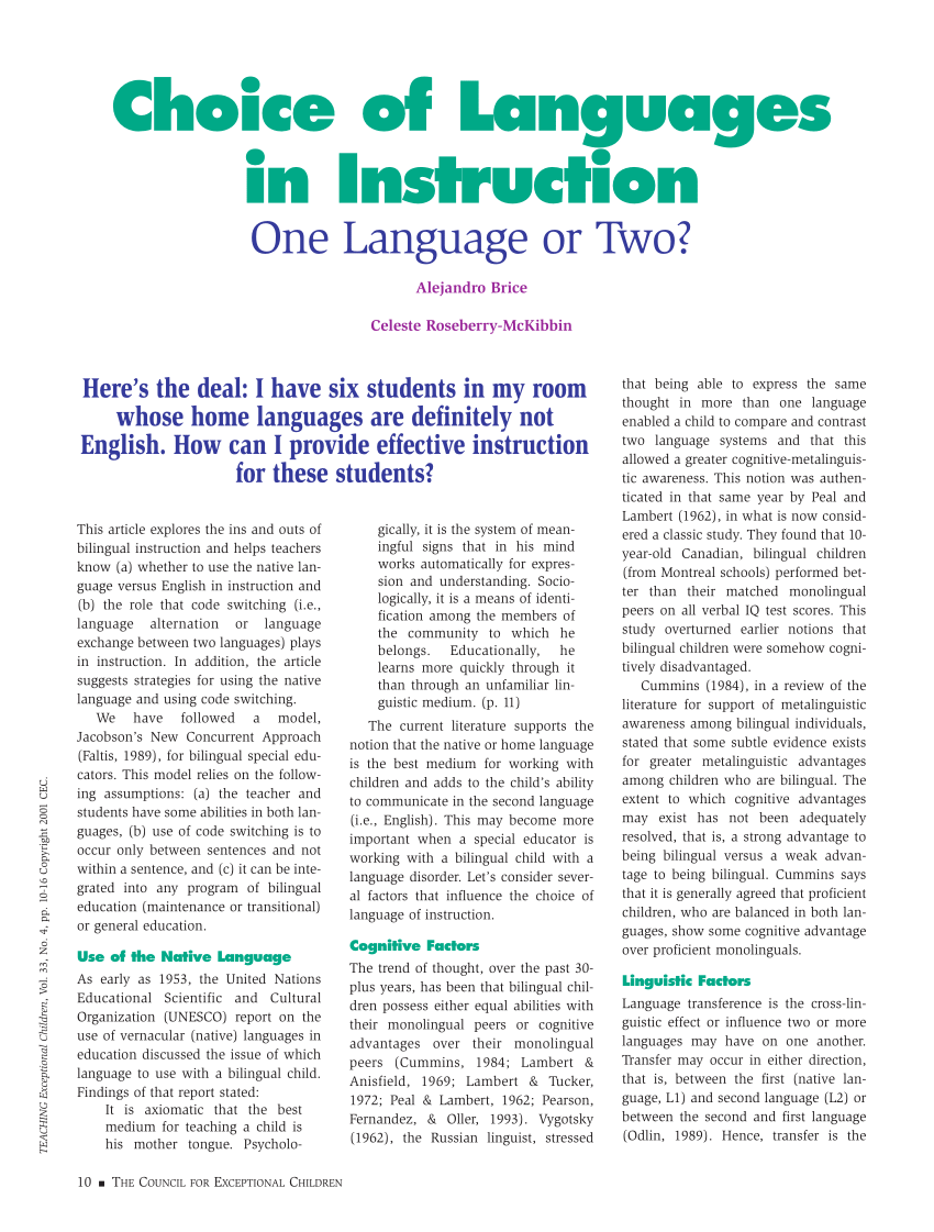 Pdf Choice Of Languages In Instruction One Language Or Two