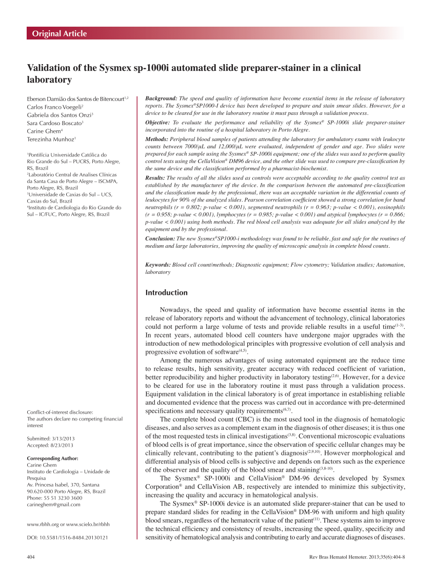 PDF Validation of the Sysmex sp 1000i automated slide preparer  