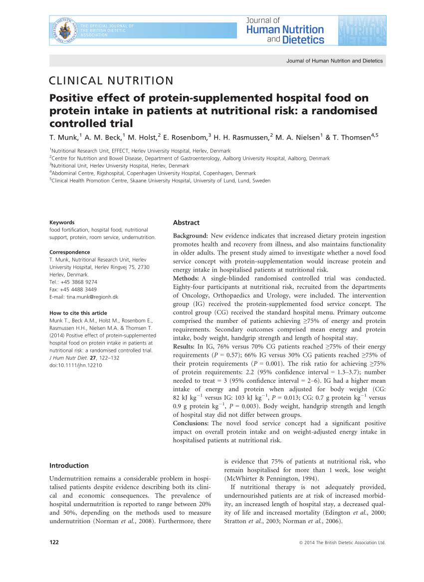 Pdf Positive Effect Of Protein Supplemented Hospital Food On Protein Intake In Patients At Nutritional Risk A Randomised Controlled Trial