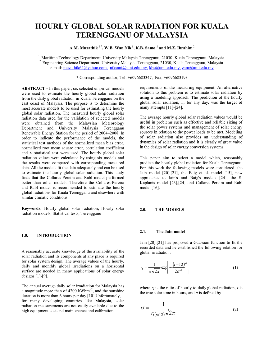 (PDF) HOURLY GLOBAL SOLAR RADIATION FOR KUALA TERENGGANU ...