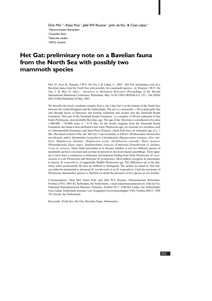 Pdf Het Gat Preliminary Note On A Bavelian Fauna From The North Sea With Possibly Two Mammoth Species