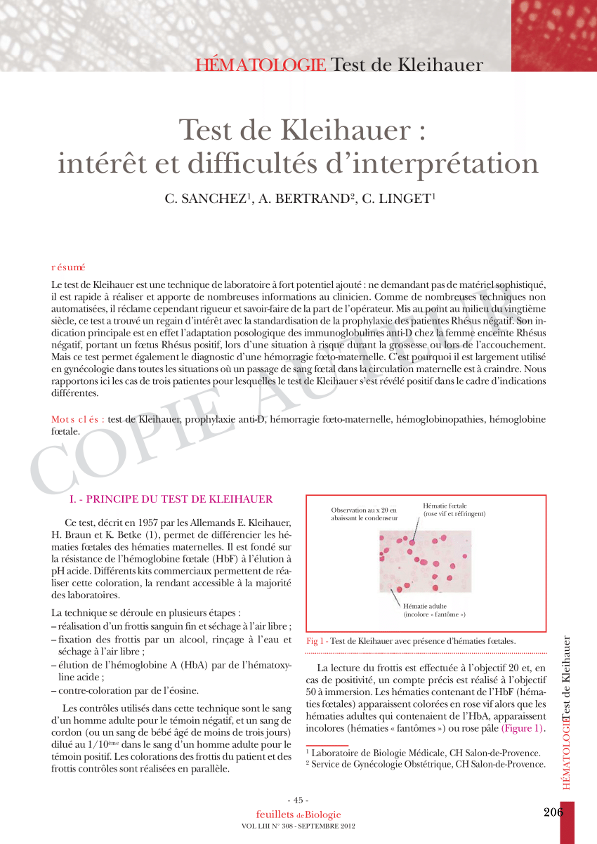 Pdf Test De Kleihauer Interet Et Difficultes D Interpretation