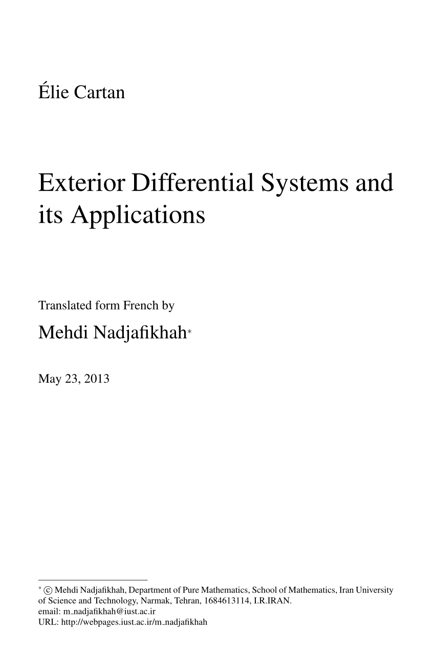 Pdf E Cartan Exterior Differential Systems And Its Applications Translated Form French In To English By M Nadjafikhah