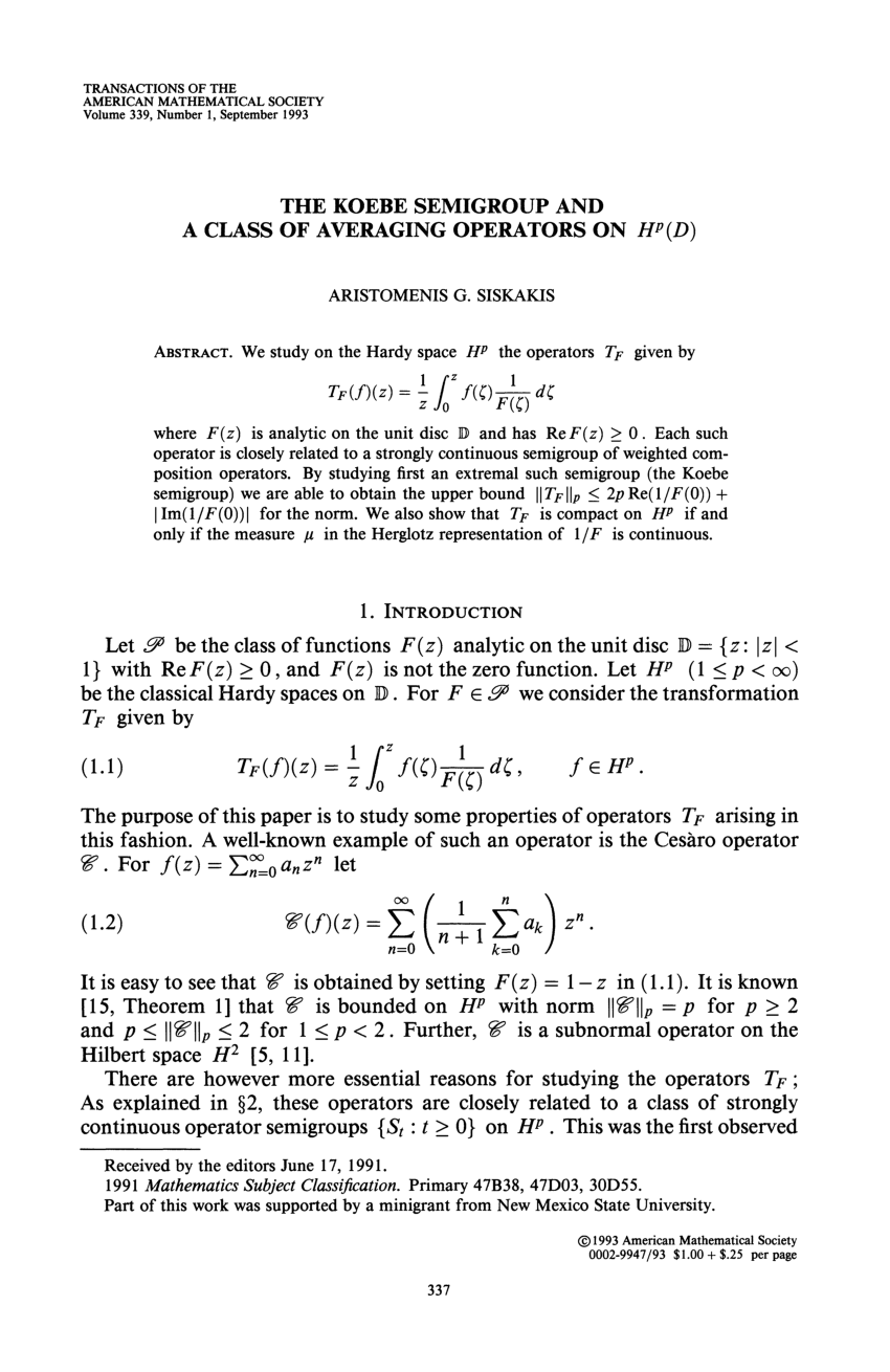 Pdf The Koebe Semigroup And A Class Of Averaging Operators On H P D