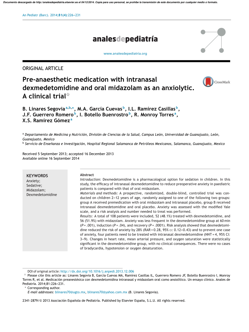 Pdf Medicacion Preanestesica Con Dexmedetomidina Intranasal Y Midazolam Oral Como Ansiolitico Un Ensayo Clinico