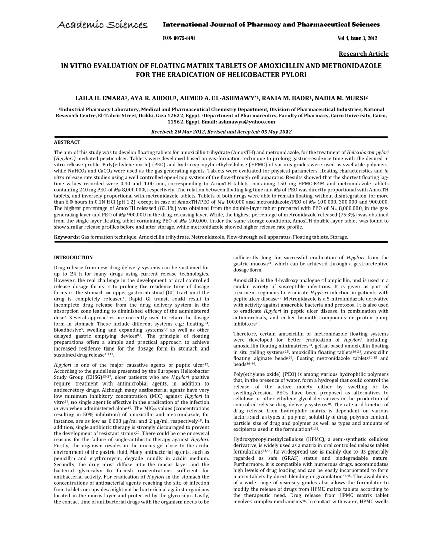 PDF) In vitro evaluation of floating matrix tablets of amoxicillin and  metronidazole for the eradication of Helicobacter pylori